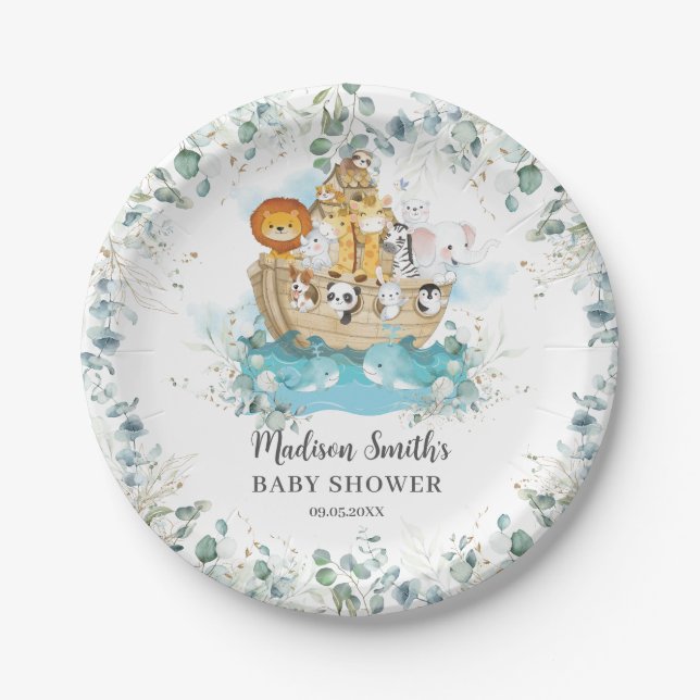 Noah's Ark Greenery Gender Neutral Baby Shower Paper Plate (Front)