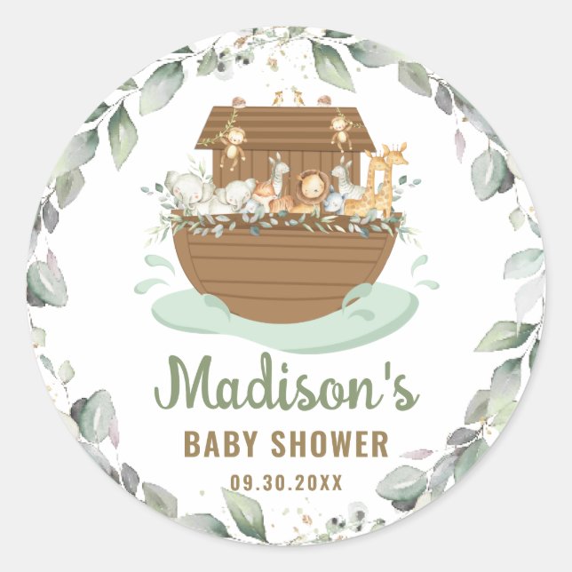 Noah's Ark Greenery Neutral Boy Girl Baby Shower  Classic Round Sticker (Front)