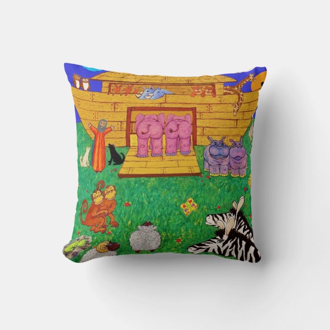 Noah's Ark illustration Rainbow Funny Elephant Cushion (Front)