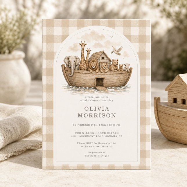 Noah's Ark Neutral Gingham Baby Shower Invitation (Creator Uploaded)