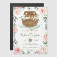 Noah's Ark Pink Floral Girl Baptism Invitation