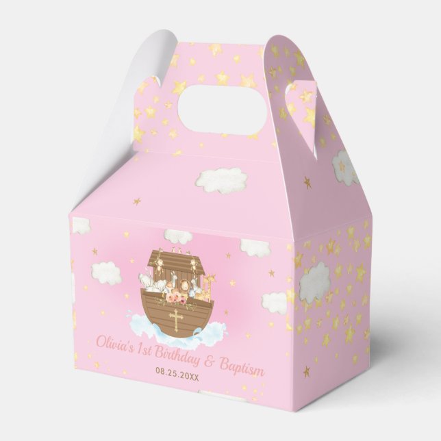 Noah's Ark Pink Girl Birthday Baptism Christening Favour Box (Front Side)