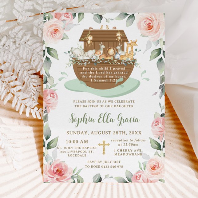 Noah's Ark Pink Roses Greenery Baptism Christening Invitation (Lovely Noah's ark pink floral greenery girl baptism christening invitation cards )