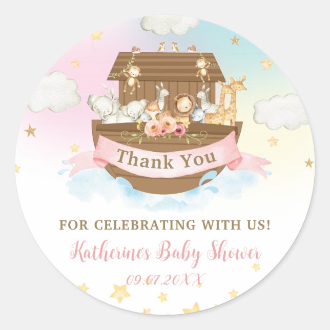 Noah's Ark Rainbow Birthday Baby Shower Thank You Classic Round Sticker (Front)