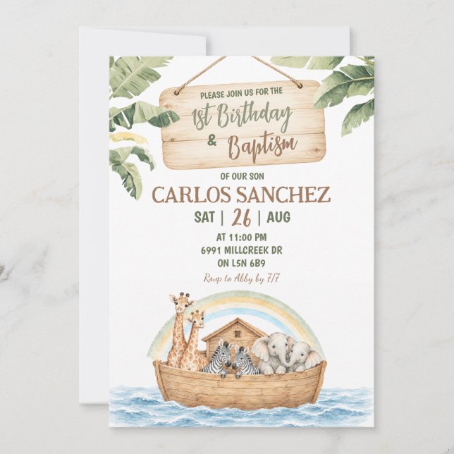 Noah's Ark Theme First Birthday & Baptism Invitation (Front)