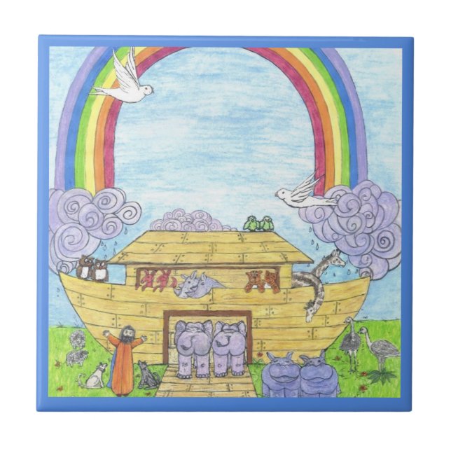 Noah's Ark  Watercolor Rainbow Animal Elephant Tile (Front)