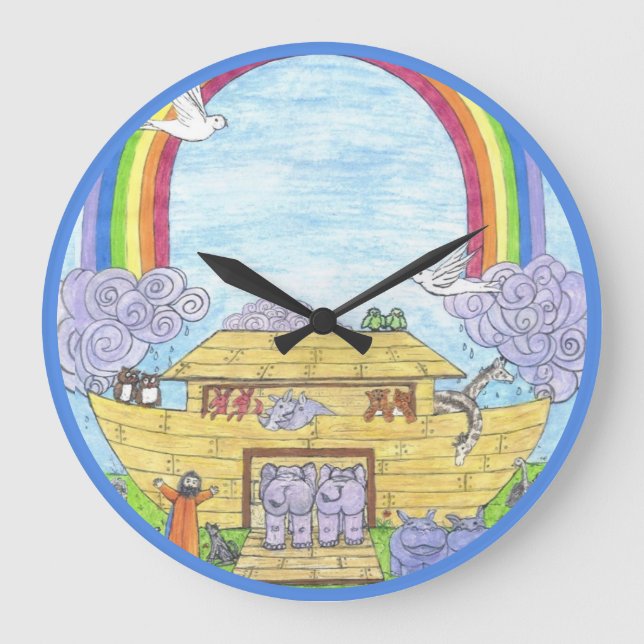 Noah's Ark Watercolor Rainbow Funny Elephant  Large Clock (Front)
