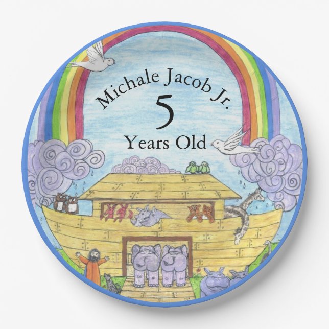 Noah's Ark Watercolor Rainbow Funny Elephant Paper Plate (Front)