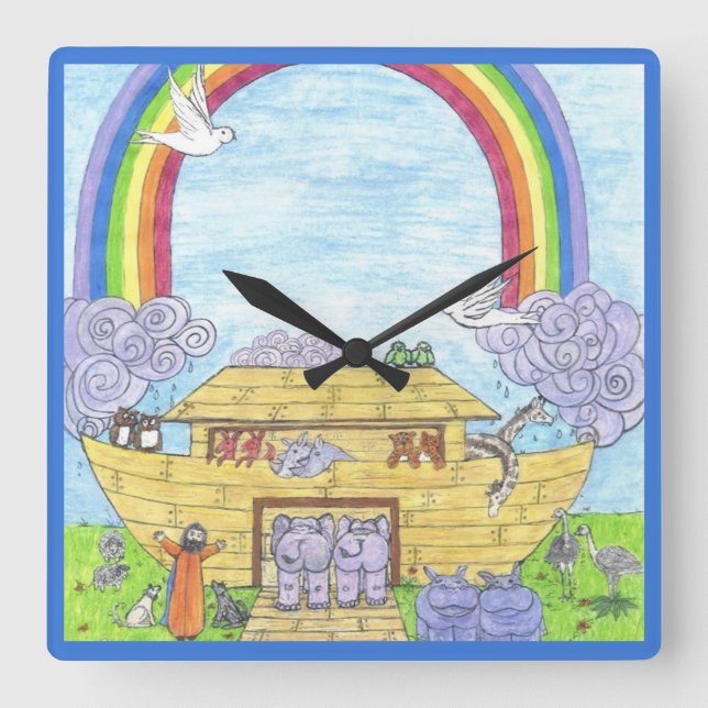 Noah's Ark Watercolor Rainbow Funny Elephant  Square Wall Clock (Front)