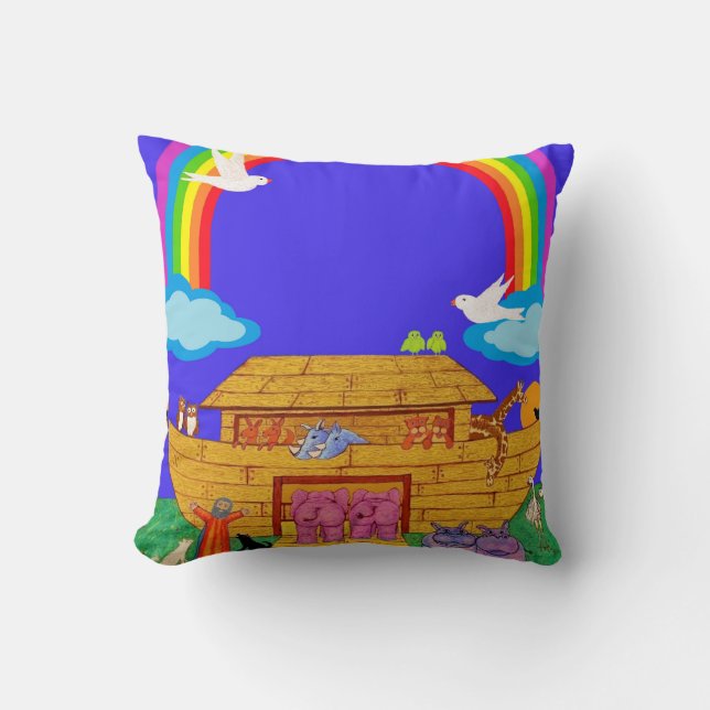 Noah's Floating Zoo with rainbow: nursery & kids Cushion (Front)