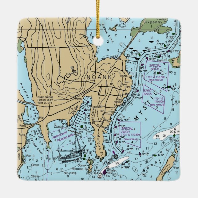 Noank CT Nautical Chart Ceramic Ornament (Back)