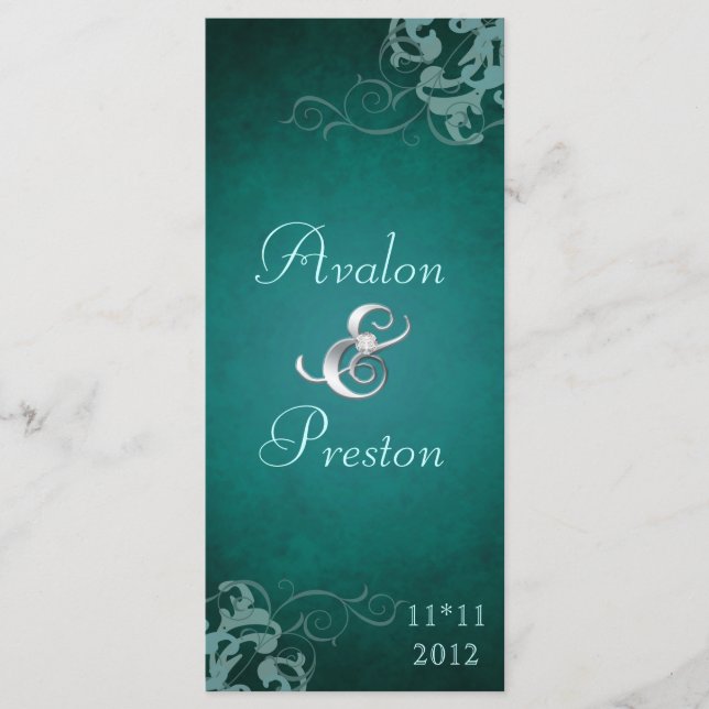 Nobel Teal Scroll Teal  Wedding Program Programme (Front)