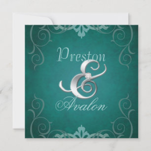 Nobel Teal Texture Silver Scroll Invitation
