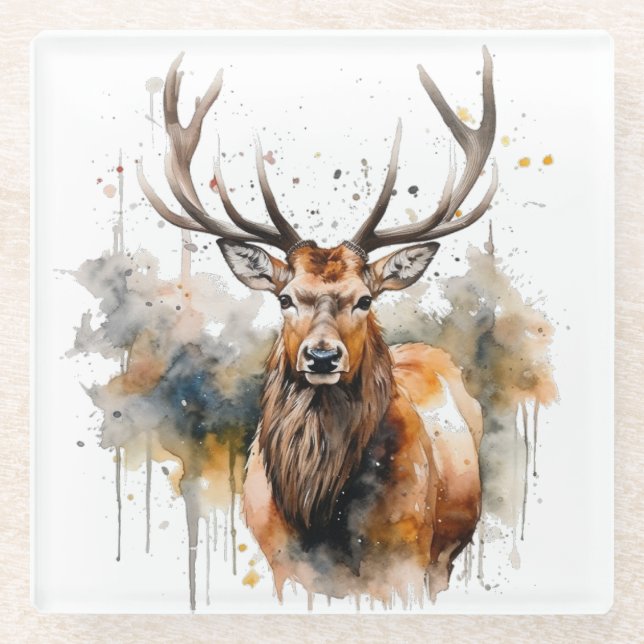 Noble Antlers: Woodland Elk Watercolor Art Glass Coaster (Front)