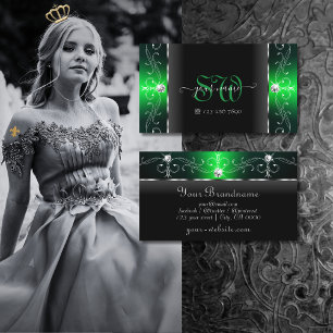 Noble Black and Green Squiggled Jewels Monogram Business Card