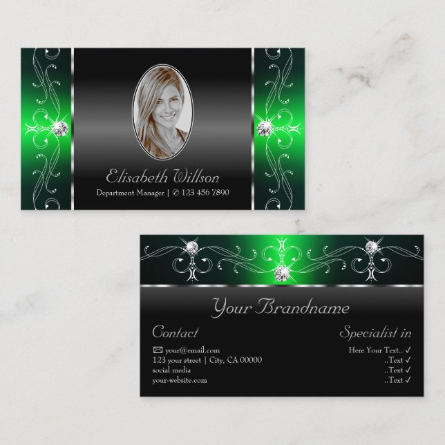 Noble Black and Green Squiggled Jewels with Photo Business Card (Front/Back)