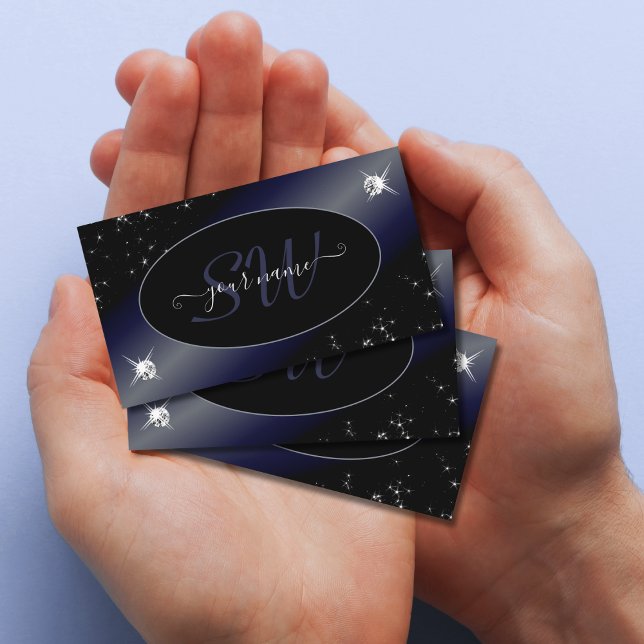 Noble Black Blue Glitter Stars Diamonds Initials Business Card (Creator Uploaded)