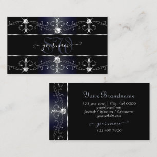 Noble Black Blue Ornate Borders Diamonds Monogram Business Card