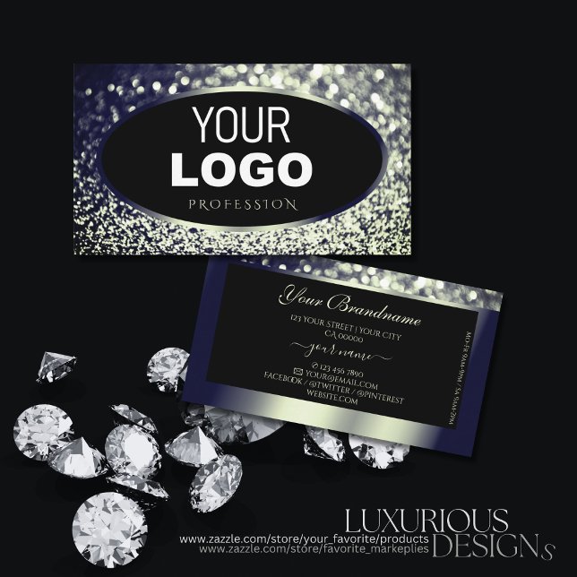 Noble Black Blue Silver Sparkle Glitter Add Logo  Business Card (Creator Uploaded)
