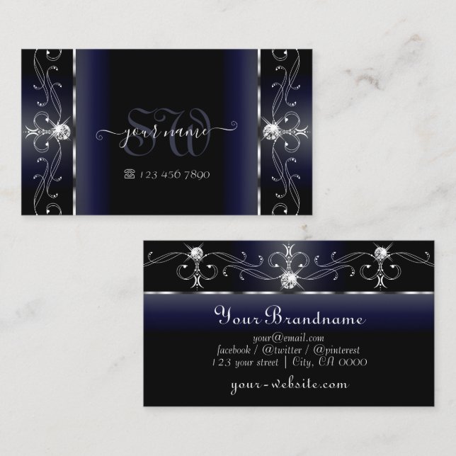 Noble Black Blue White Squiggled Jewels Monogram Business Card (Front/Back)