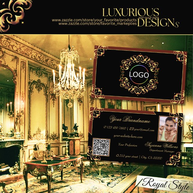 Noble Black Brown Gold Logo Photo and QR Code Business Card (Creator Uploaded)