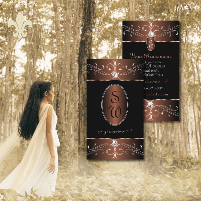 Noble Black Coffee Brown Ornate Ornaments Initials Business Card (Creator Uploaded)