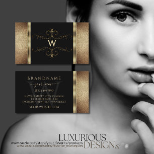 Noble Black Gold Glitter Ornamental with Monogram Business Card
