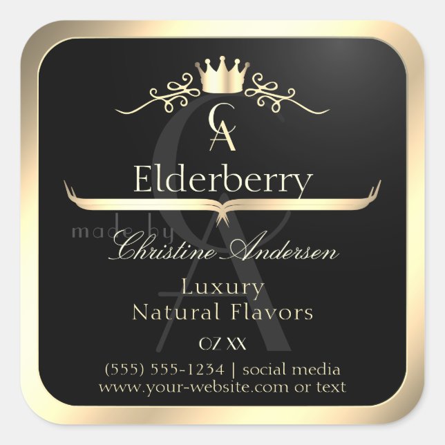 Noble Black Product Label with Gold Frame Monogram (Front)