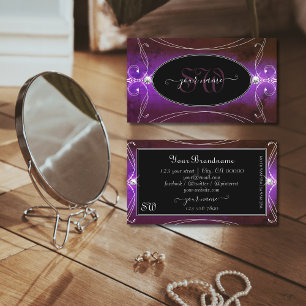 Noble Black Purple Ornate Sparkle Jewels Monogram Business Card