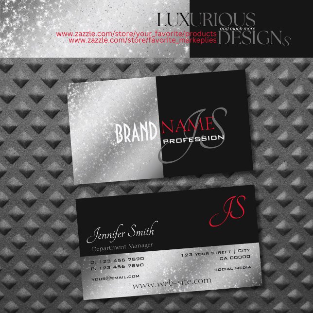 Noble Black Red Silver Glittery Stars and Initials Business Card (Creator Uploaded)