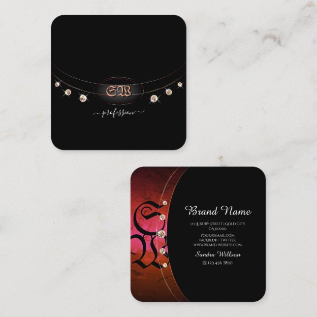 Noble Black Rose Gold and Red Marble with Monogram Square Business Card (Front/Back)