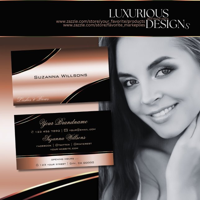Noble Black Rose Gold Curved Decor Lines Shimmery Business Card (Creator Uploaded)