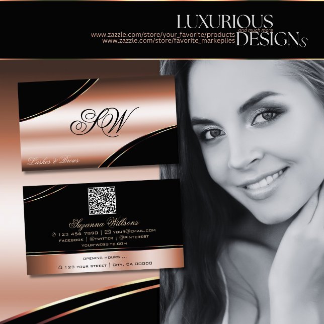 Noble Black Rose Gold Curved Lines Monogram QRCode Business Card (Creator Uploaded)