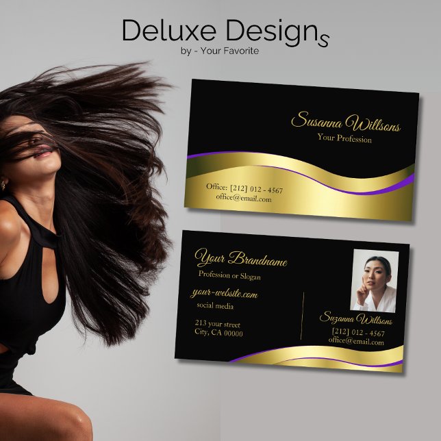 Noble Black Wavy Gold Decor with Photo Classy Business Card (Creator Uploaded)