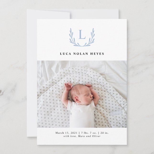 Noble Blue Monogram Wreath Birth Announcement (Front)