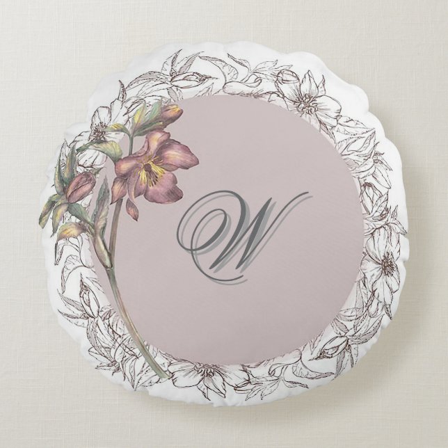 Noble Blush Floral Wreath Round Throw Pillow (Front)
