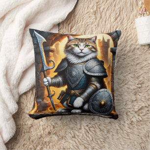 Noble Cat in Armour Holding Sword and Shield Cushion