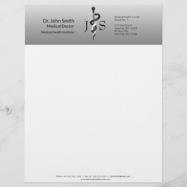 Noble Classy Medical Elegant Black White Asclepius Custom Letterhead (Front)