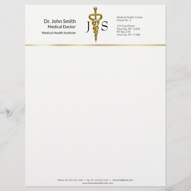Noble Classy Medical Elegant Gold Silver Asclepius Custom Letterhead (Front)