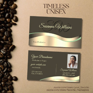 Noble Dark Brown Wavy Gold Decor Initials Photo Business Card