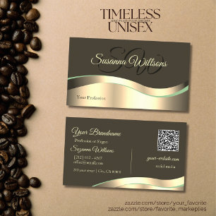 Noble Dark Brown Wavy Gold Decor Initials QR Code Business Card