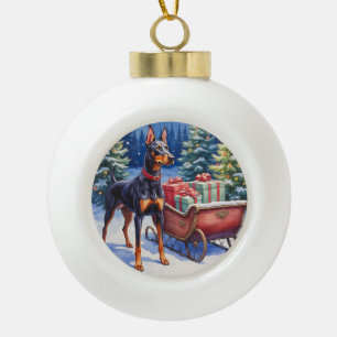 Noble Doberman Guarding Christmas Sleigh Winter Ceramic Ball Christmas Ornament
