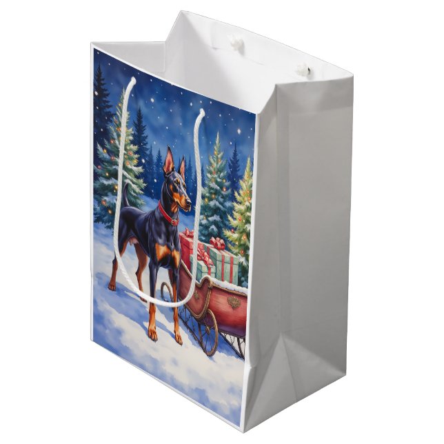 Noble Doberman Guarding Christmas Sleigh Winter Medium Gift Bag (Front Angled)