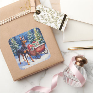 Noble Doberman Guarding Christmas Sleigh Winter Square Sticker