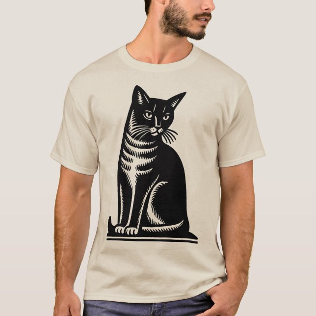 Noble Feline Woodcut Style T-Shirt (Front)