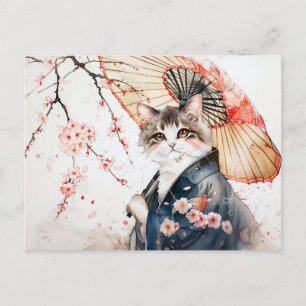 Noble Geisha Cat with Bamboo Umbrella in Chinese Postcard