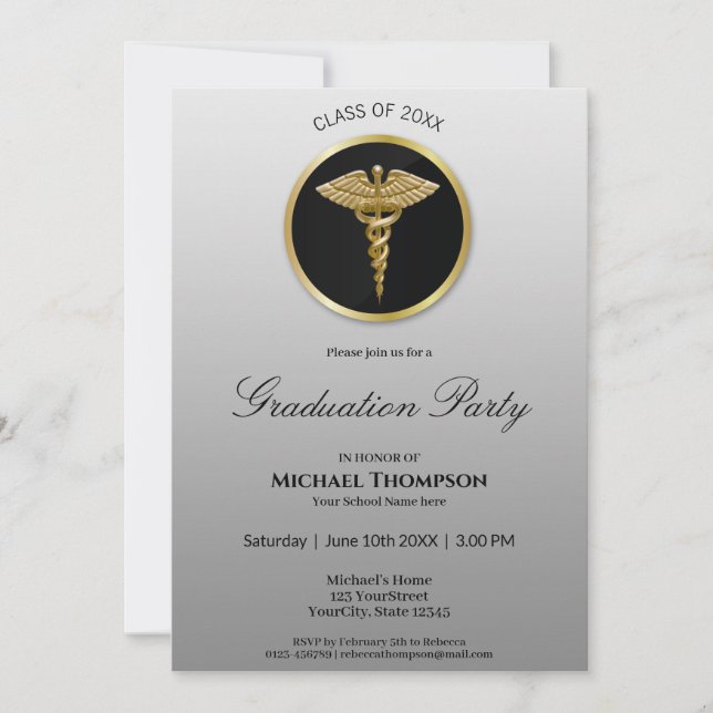 Noble Gold Caduceus Medical Graduation Invitation (Front)