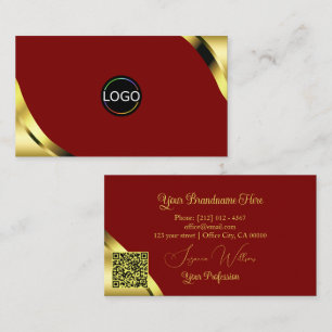 Noble Gold Corners on Red with Logo and QR Code Business Card