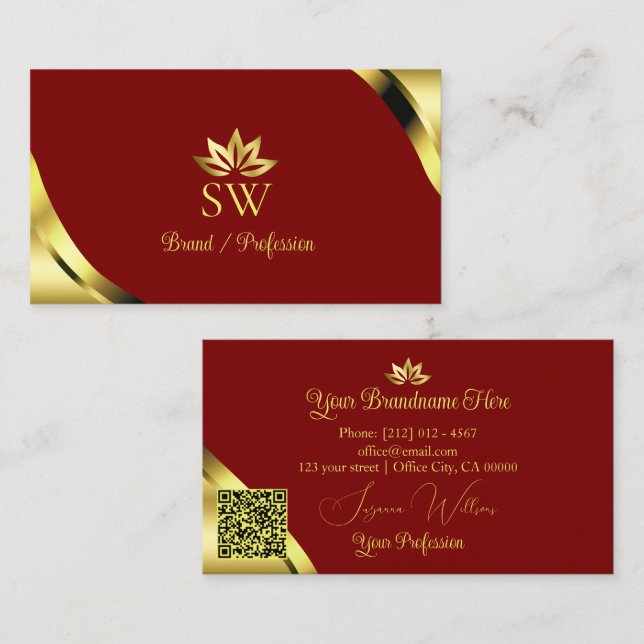 Noble Gold Corners on Red with Monogram QR Code Business Card (Front/Back)