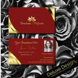 Noble Gold Corners on Red with Petals and Photo Business Card